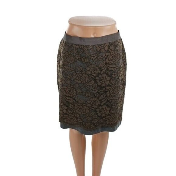 LOFT Skirt Womens Size 6P Brown Gray Lace Overlay Lined Classic Straight Petite - Picture 1 of 8